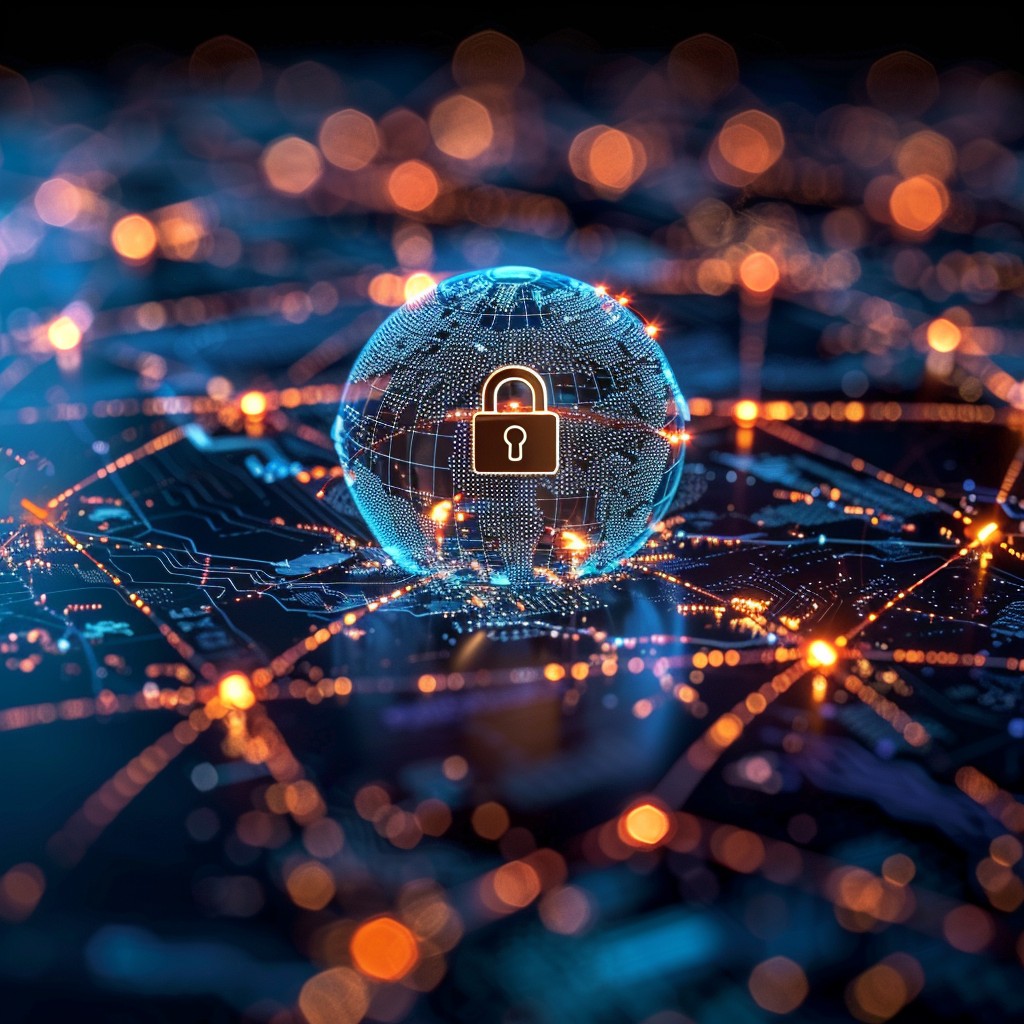 Global cybersecurity network with lock icon, secure enterprise cloud infrastructure