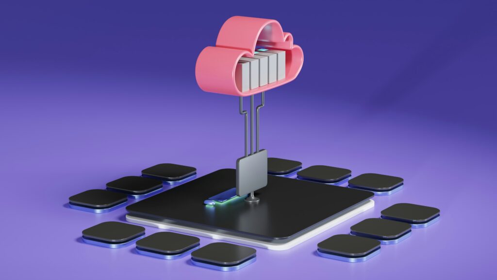 Split illustration showing traditional server room and team using SaaS apps across devices, data flowing between users and cloud