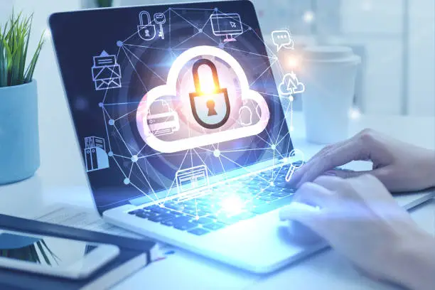 Secure hybrid work environment showing protected cloud access from home, office, mobile devices, and public networks